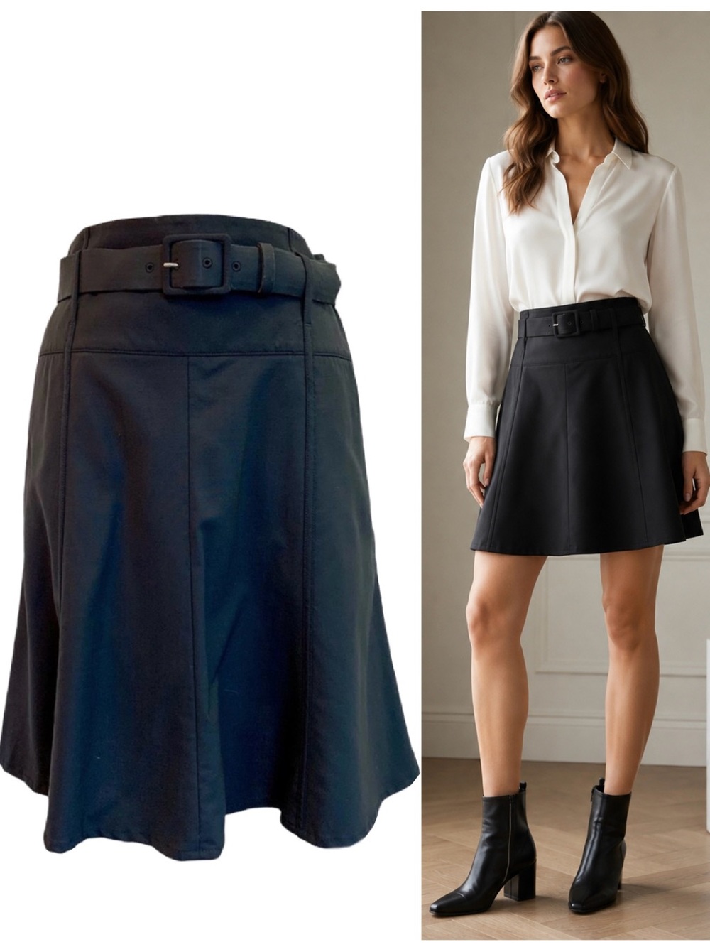 Theory Kiara B Black Wool Blend Belted Pleated Skater Skirt Size 4